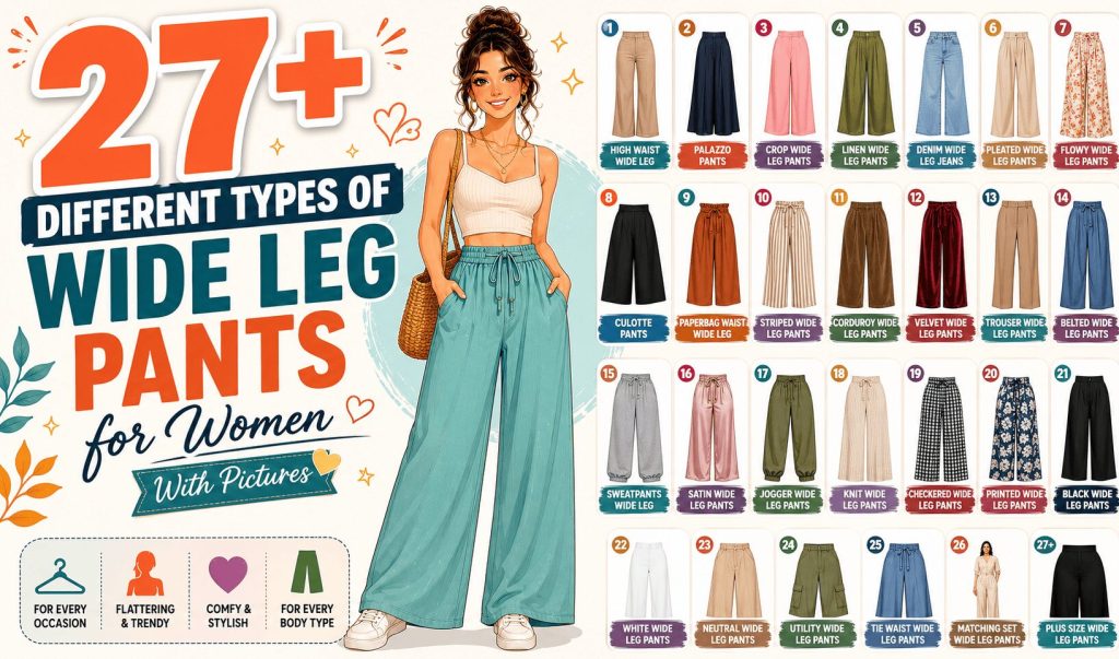types of wide leg pants for women with names and pictures