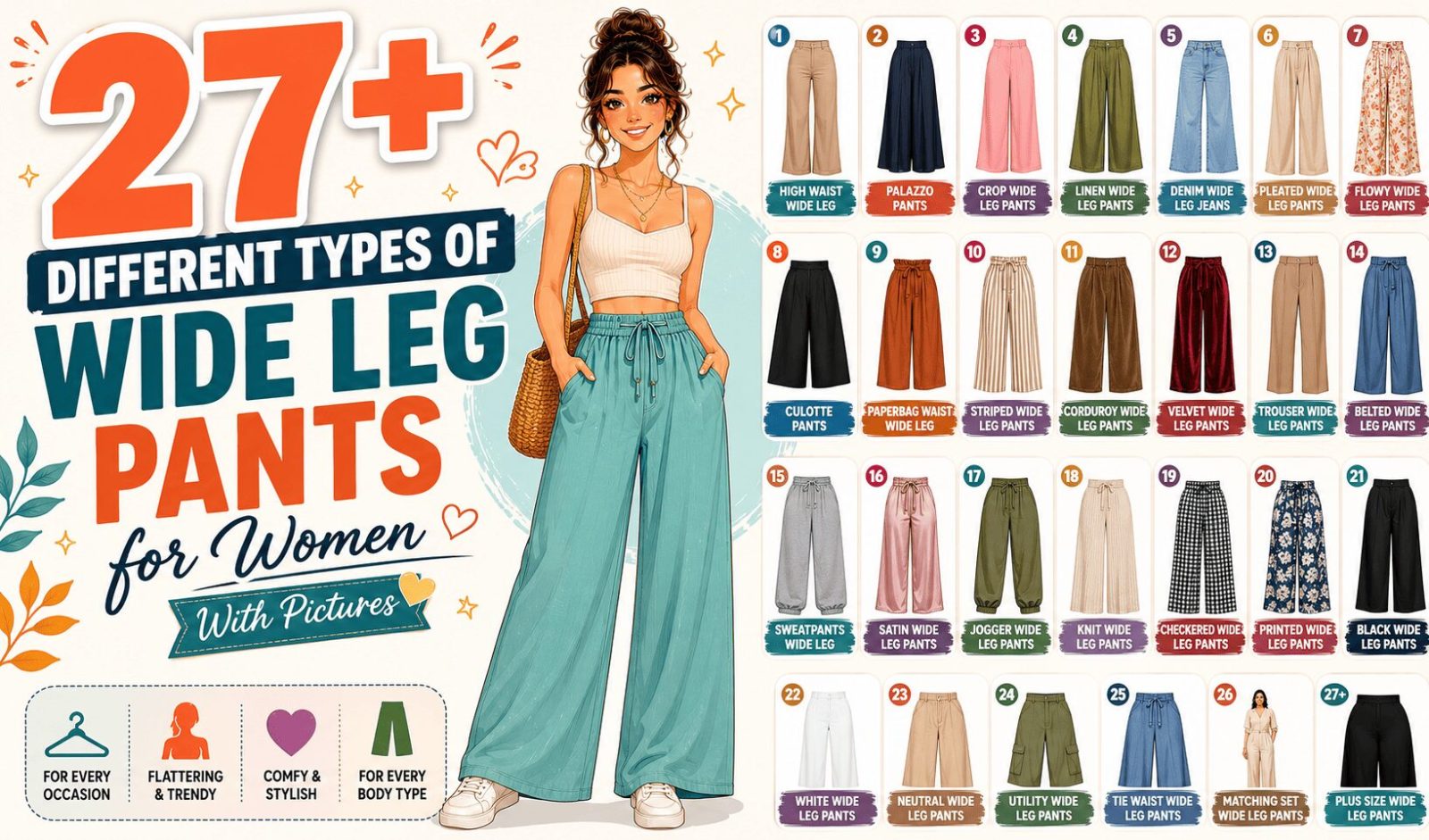 types of wide leg pants for women with names and pictures