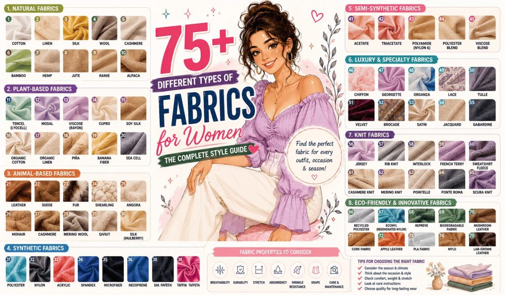 different types of fabrics with pictures and names for women clothing