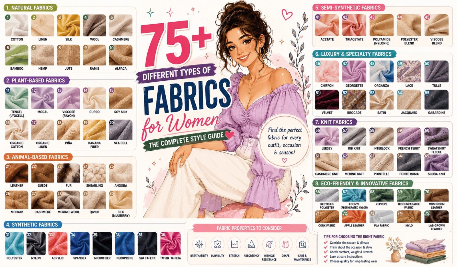 different types of fabrics with pictures and names for women clothing