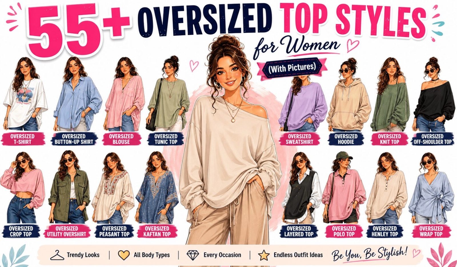 different types of oversized tops for women with pictures