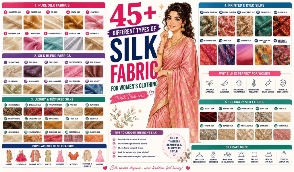 different types of silk fabric for women clothing with pictures