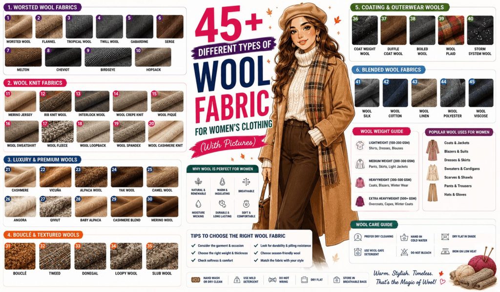 different types of wool fabric for women clothing with pictures