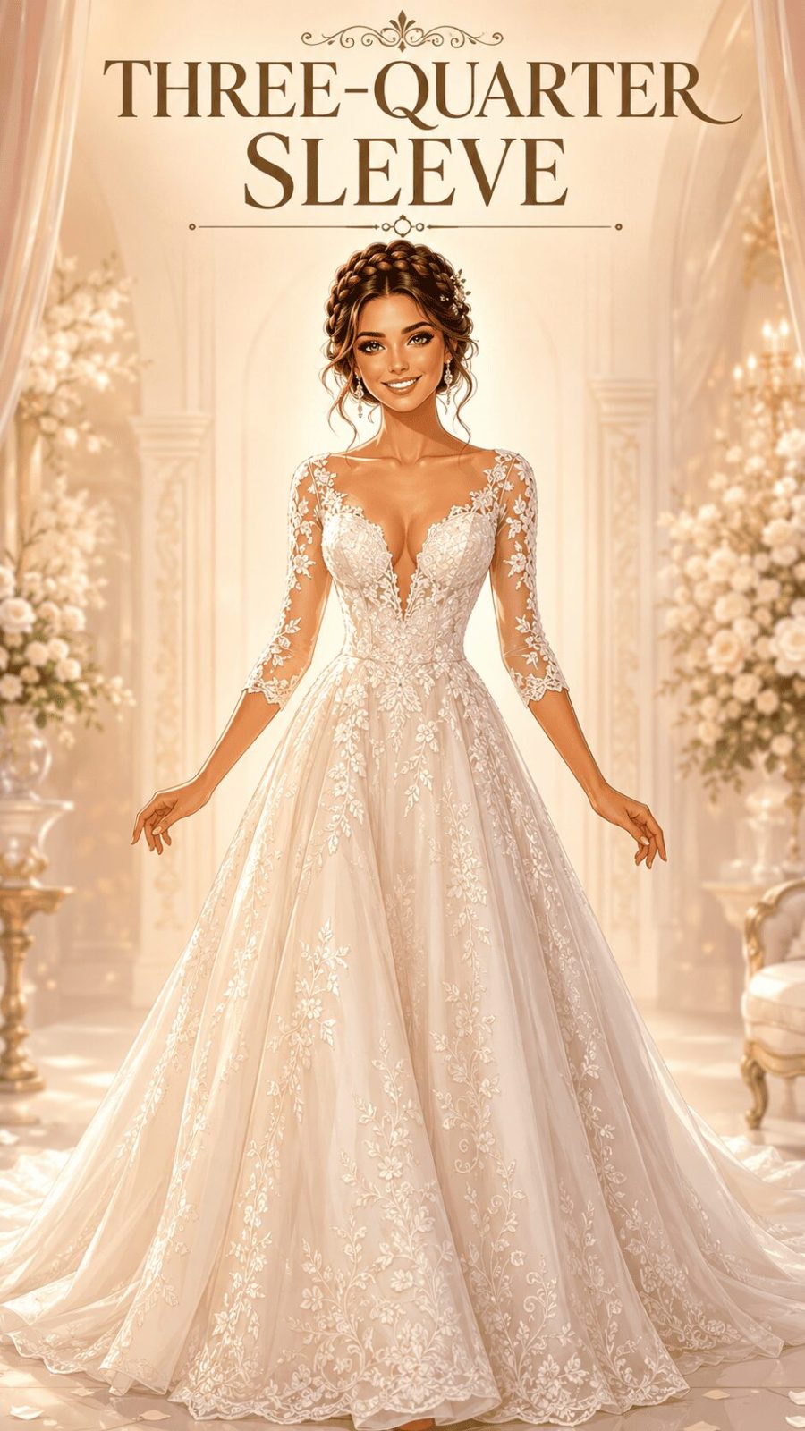 Three-Quarter Sleeve Wedding Dress